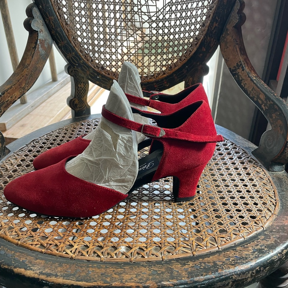 Classic Red Suede Mary Jane Heels with Ankle Strap